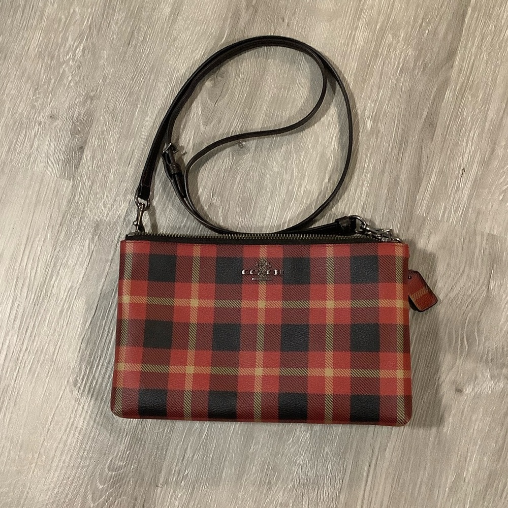 Coach plaid & black double zippered pouch crossbody purse